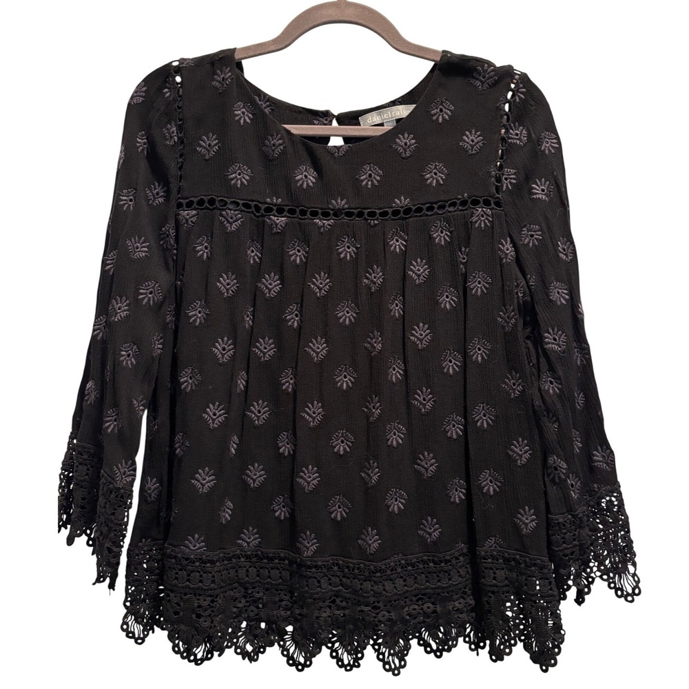Daniel Rainn Embroidered Peasant Blouse Womens Large Black Lace Trim Boho Top